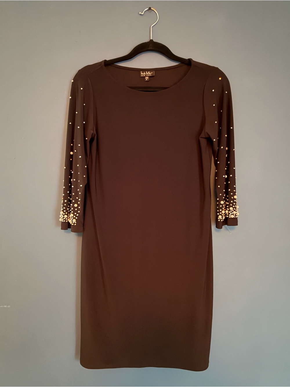 Nicole Miller Black Long-Sleeve Sheath Dress with silver and pearl Studding